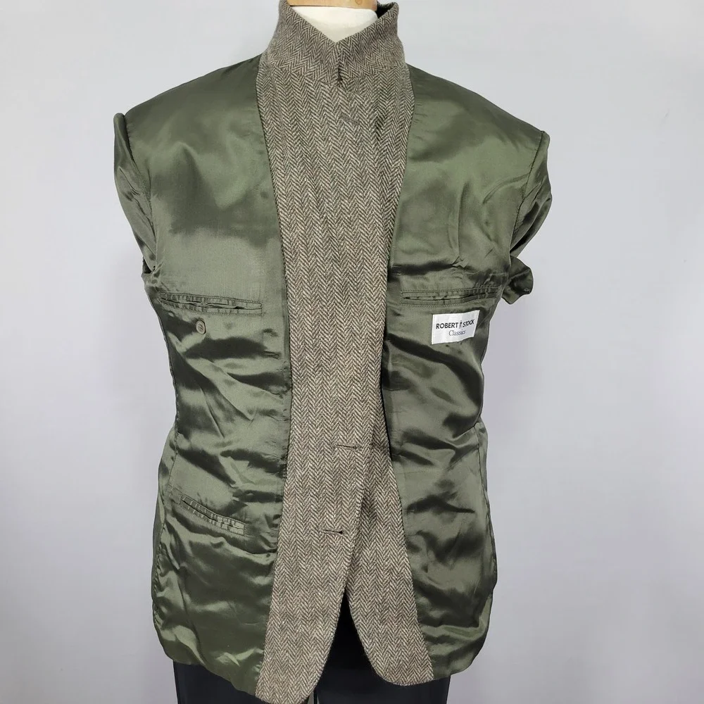 Robert Stock Classics Men's Tweed‎ Sport Coat Blazer Olive Herringbone Wool 42S